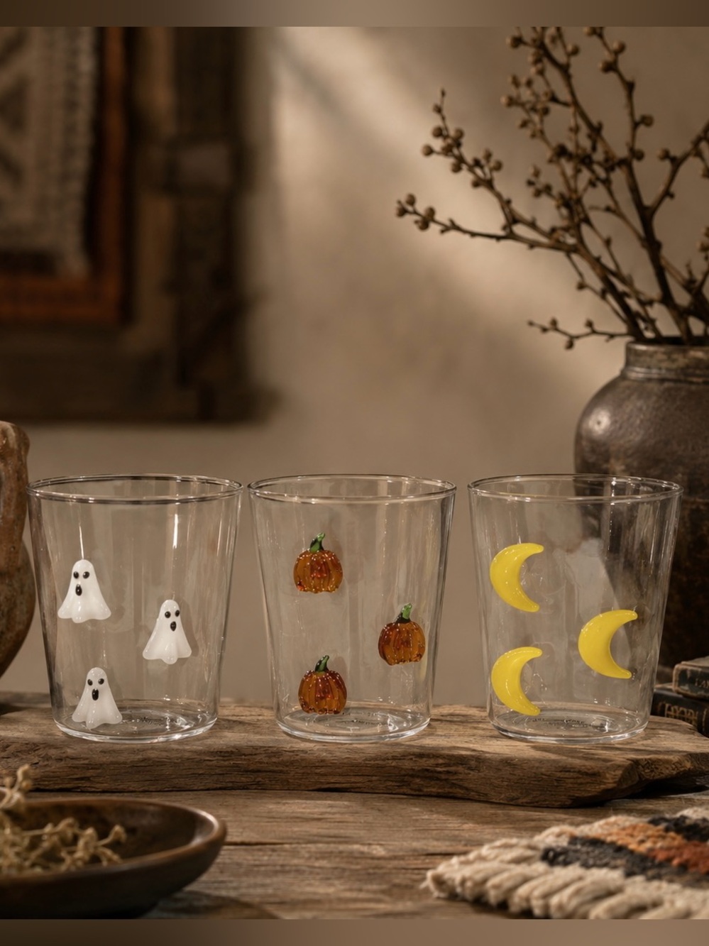 Anthropologie Halloween Drinking Glasses‎ Ghost Pumpkin Moon 3D Spooky Drinkware